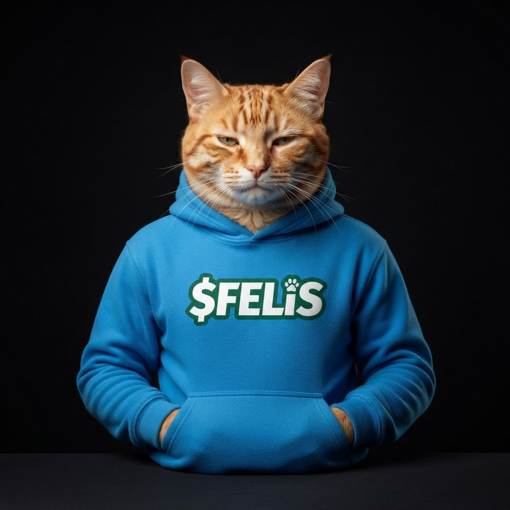Felis the cat looking calm and relaxed, unbothered by a flat market