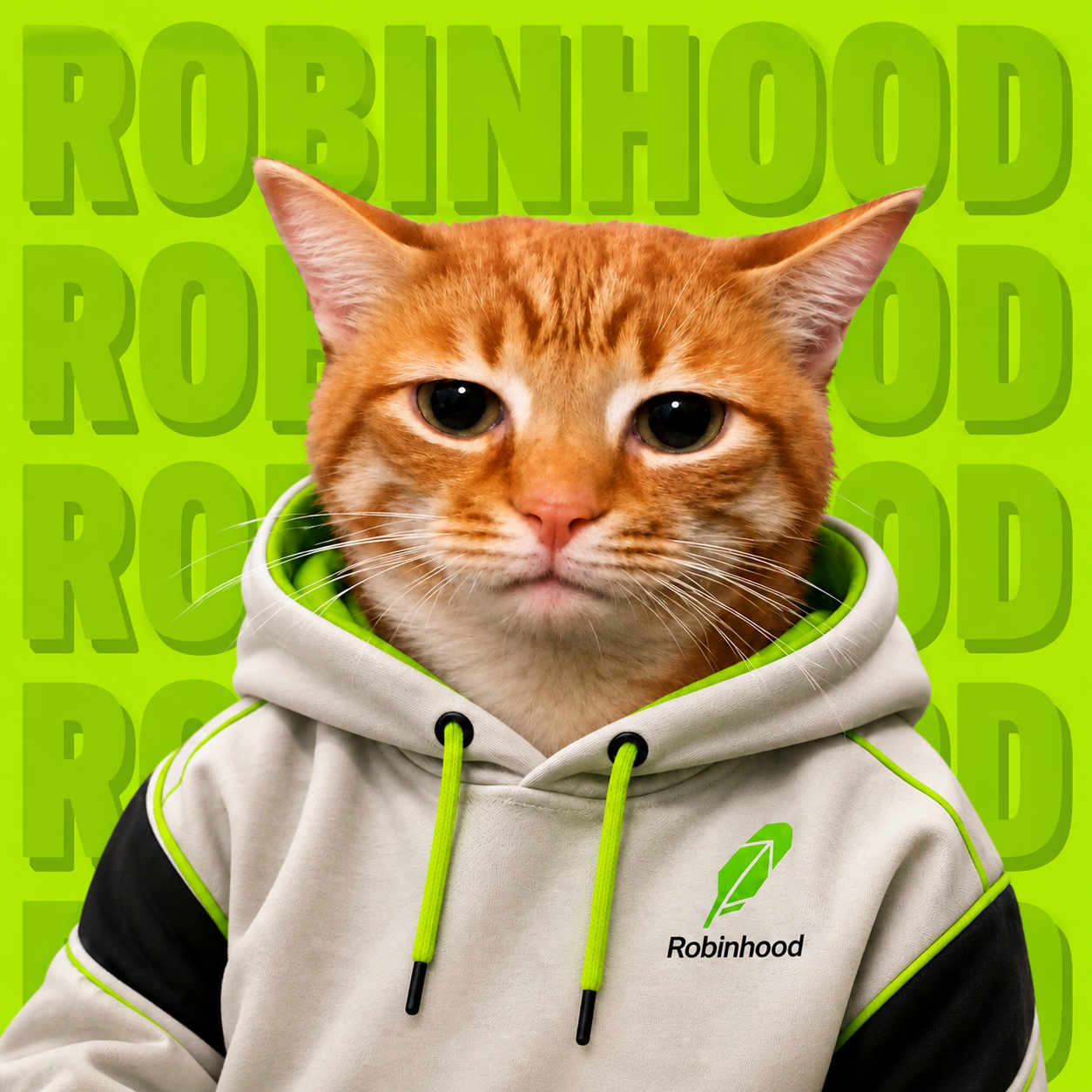 Felis Catus in a Robinhood hoodie against a ROBINHOOD text backdrop